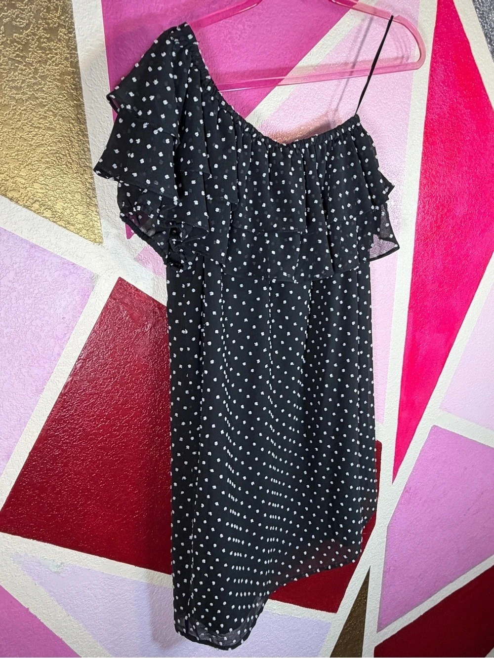 CeCe Medium Black Swiss Dot One Shoulder Ruffle Mini Dress Sheer Chiffon Date